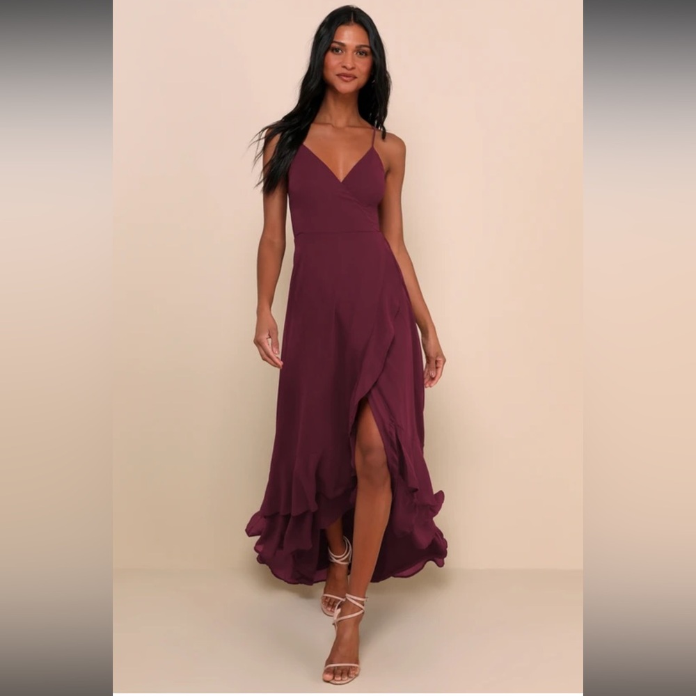 Lulus‎ In Love Forever Plum Lace-Up High-Low Ruffle High Slit Maxi Dress NWOT S